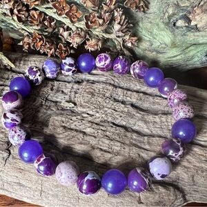 Purple Jasper & Amethyst Natural Stones Bracelet Unisex Stretchy Beaded 8mm 19.2